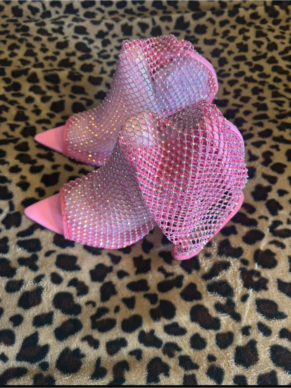 Gorgeous Pink Rhinestone Mesh Peep-Toe Stiletto Booties - Picture 2 of 9